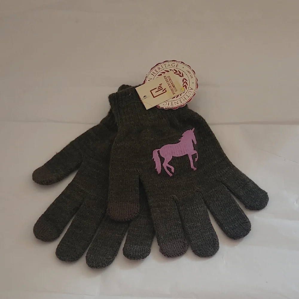 Heritage Kids' Dark Gray Mittens with Pink Horse